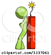 Poster, Art Print Of Green Design Mascot Woman Leaning Against Dynimate Large Stick Ready To Blow