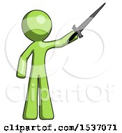 Poster, Art Print Of Green Design Mascot Man Holding Sword In The Air Victoriously