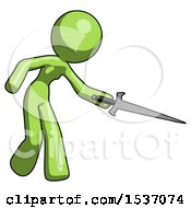 Poster, Art Print Of Green Design Mascot Woman Sword Pose Stabbing Or Jabbing