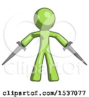 Poster, Art Print Of Green Design Mascot Man Two Sword Defense Pose