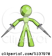 Poster, Art Print Of Green Design Mascot Woman Two Sword Defense Pose
