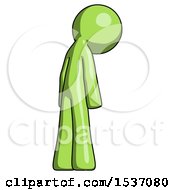 Green Design Mascot Man Depressed With Head Down Back To Viewer Right