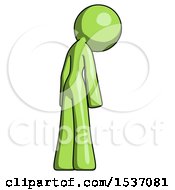 Poster, Art Print Of Green Design Mascot Woman Depressed With Head Down Back To Viewer Right