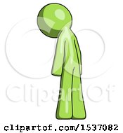 Green Design Mascot Man Depressed With Head Down Back To Viewer Left