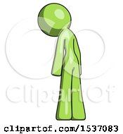 Poster, Art Print Of Green Design Mascot Woman Depressed With Head Down Back To Viewer Left