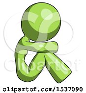 Poster, Art Print Of Green Design Mascot Woman Sitting With Head Down Facing Sideways Right
