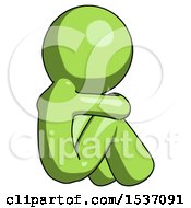 Poster, Art Print Of Green Design Mascot Man Sitting With Head Down Back View Facing Right