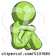 Poster, Art Print Of Green Design Mascot Woman Sitting With Head Down Back View Facing Right