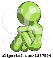 Poster, Art Print Of Green Design Mascot Woman Sitting With Head Down Back View Facing Left
