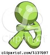 Poster, Art Print Of Green Design Mascot Woman Sitting With Head Down Facing Sideways Left