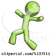 Poster, Art Print Of Green Design Mascot Man Running Away In Hysterical Panic Direction Left