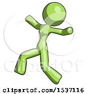 Poster, Art Print Of Green Design Mascot Woman Running Away In Hysterical Panic Direction Left