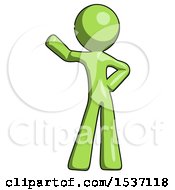 Green Design Mascot Man Waving Right Arm With Hand On Hip