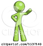 Green Design Mascot Man Waving Left Arm With Hand On Hip