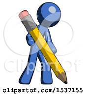 Poster, Art Print Of Blue Design Mascot Man Writing With Large Pencil