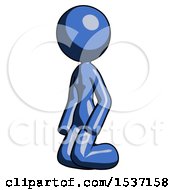 Blue Design Mascot Woman Kneeling Angle View Left