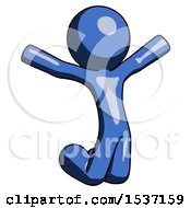 Blue Design Mascot Man Jumping Or Kneeling With Gladness