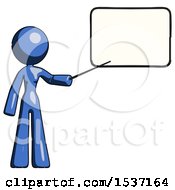 Blue Design Mascot Woman Pointing At Dry-Erase Board With Stick Giving Presentation