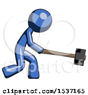 Poster, Art Print Of Blue Design Mascot Man Hitting With Sledgehammer Or Smashing Something