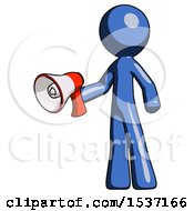 Poster, Art Print Of Blue Design Mascot Man Holding Megaphone Bullhorn Facing Right