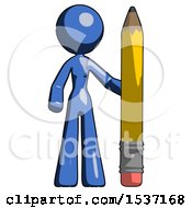 Poster, Art Print Of Blue Design Mascot Woman With Large Pencil Standing Ready To Write