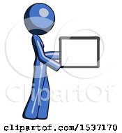 Poster, Art Print Of Blue Design Mascot Woman Show Tablet Device Computer To Viewer Blank Area