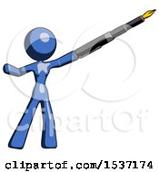 Poster, Art Print Of Blue Design Mascot Woman Pen Is Mightier Than The Sword Calligraphy Pose