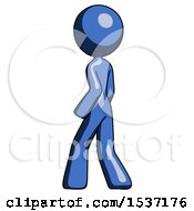 Blue Design Mascot Woman Walking Away Direction Left View