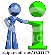 Blue Design Mascot Woman With Info Symbol Leaning Up Against It