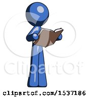 Poster, Art Print Of Blue Design Mascot Man Reading Book While Standing Up Facing Away