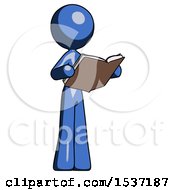 Poster, Art Print Of Blue Design Mascot Woman Reading Book While Standing Up Facing Away