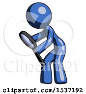 Blue Design Mascot Woman Inspecting With Large Magnifying Glass Left