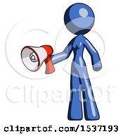Poster, Art Print Of Blue Design Mascot Woman Holding Megaphone Bullhorn Facing Right