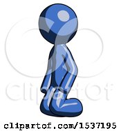 Blue Design Mascot Man Kneeling Angle View Left