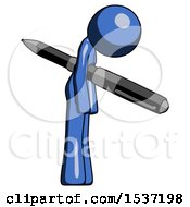 Blue Design Mascot Woman Impaled Through Chest With Giant Pen