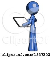 Poster, Art Print Of Blue Design Mascot Woman Looking At Tablet Device Computer With Back To Viewer