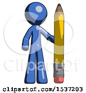 Poster, Art Print Of Blue Design Mascot Man With Large Pencil Standing Ready To Write