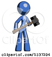 Poster, Art Print Of Blue Design Mascot Woman With Sledgehammer Standing Ready To Work Or Defend