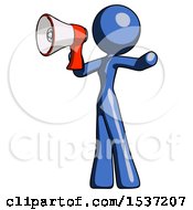 Poster, Art Print Of Blue Design Mascot Woman Shouting Into Megaphone Bullhorn Facing Left