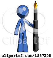 Blue Design Mascot Woman Holding Giant Calligraphy Pen