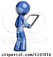 Poster, Art Print Of Blue Design Mascot Man Looking At Tablet Device Computer Facing Away