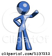 Blue Design Mascot Woman Waving Left Arm With Hand On Hip
