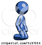 Blue Design Mascot Woman Kneeling Angle View Right