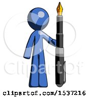 Blue Design Mascot Man Holding Giant Calligraphy Pen