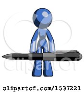 Poster, Art Print Of Blue Design Mascot Woman Lifting A Giant Pen Like Weights