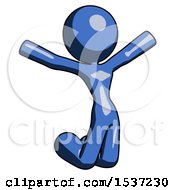 Blue Design Mascot Woman Jumping Or Kneeling With Gladness