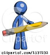 Poster, Art Print Of Blue Design Mascot Man Writer Or Blogger Holding Large Pencil