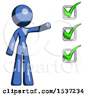 Poster, Art Print Of Blue Design Mascot Woman Standing By A Checkmark List Arm Extended