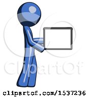 Poster, Art Print Of Blue Design Mascot Man Show Tablet Device Computer To Viewer Blank Area