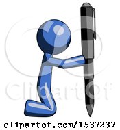 Blue Design Mascot Man Posing With Giant Pen In Powerful Yet Awkward Manner